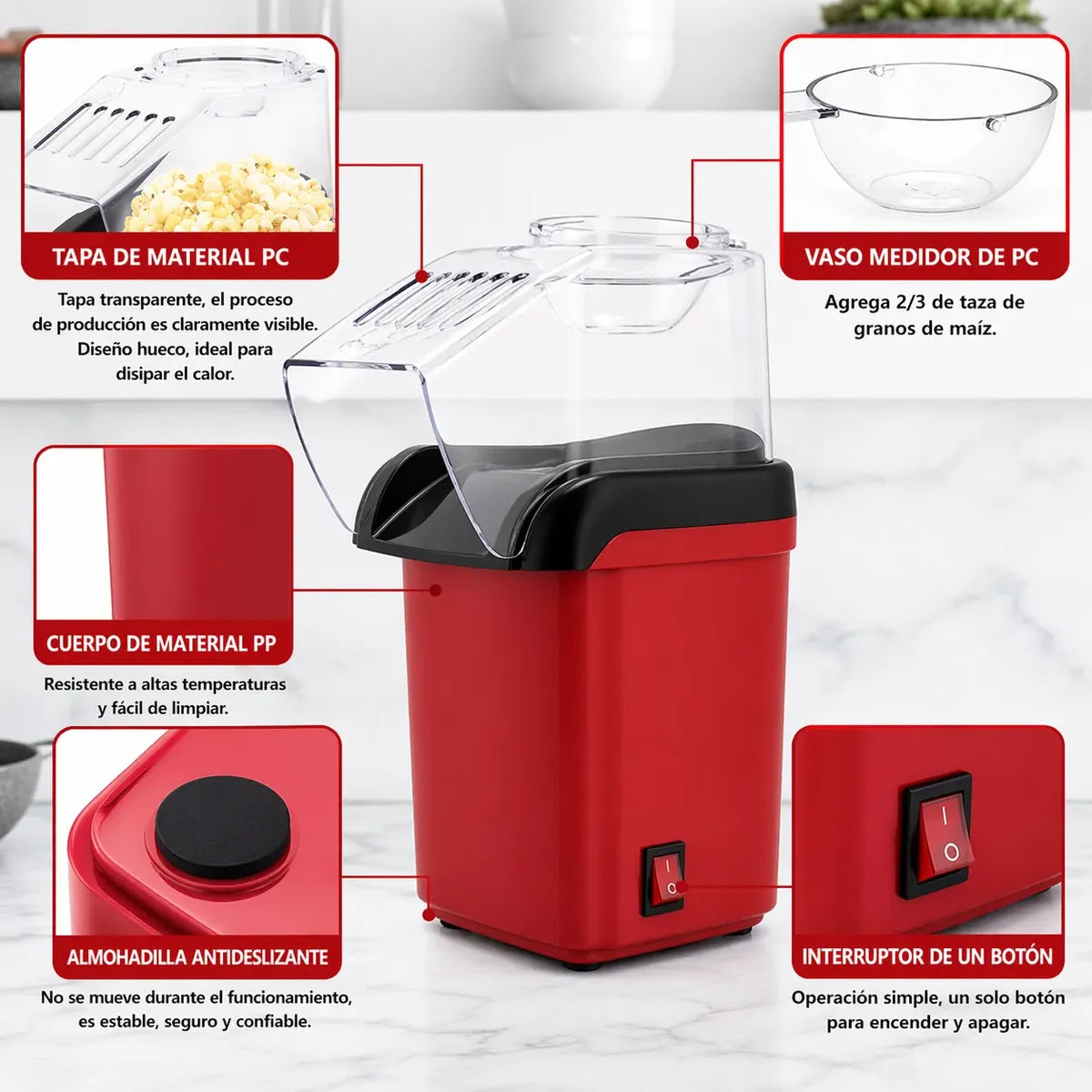 Materiales y características: tapa transparente, vaso medidor, cuerpo resistente al calor